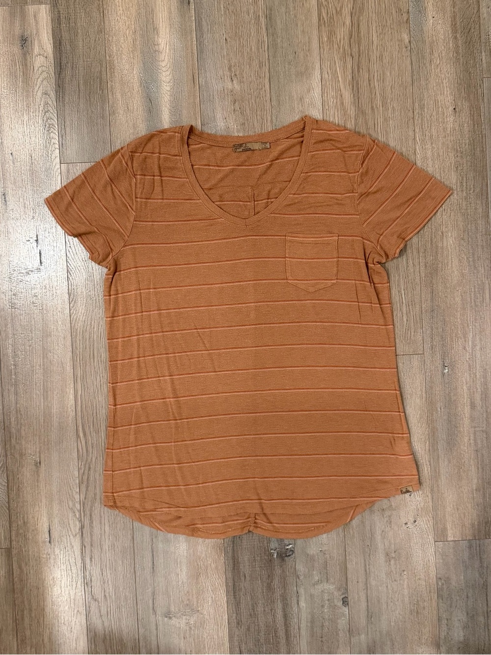Prana Striped V-Neck Pocket Tee in Rust Orange
